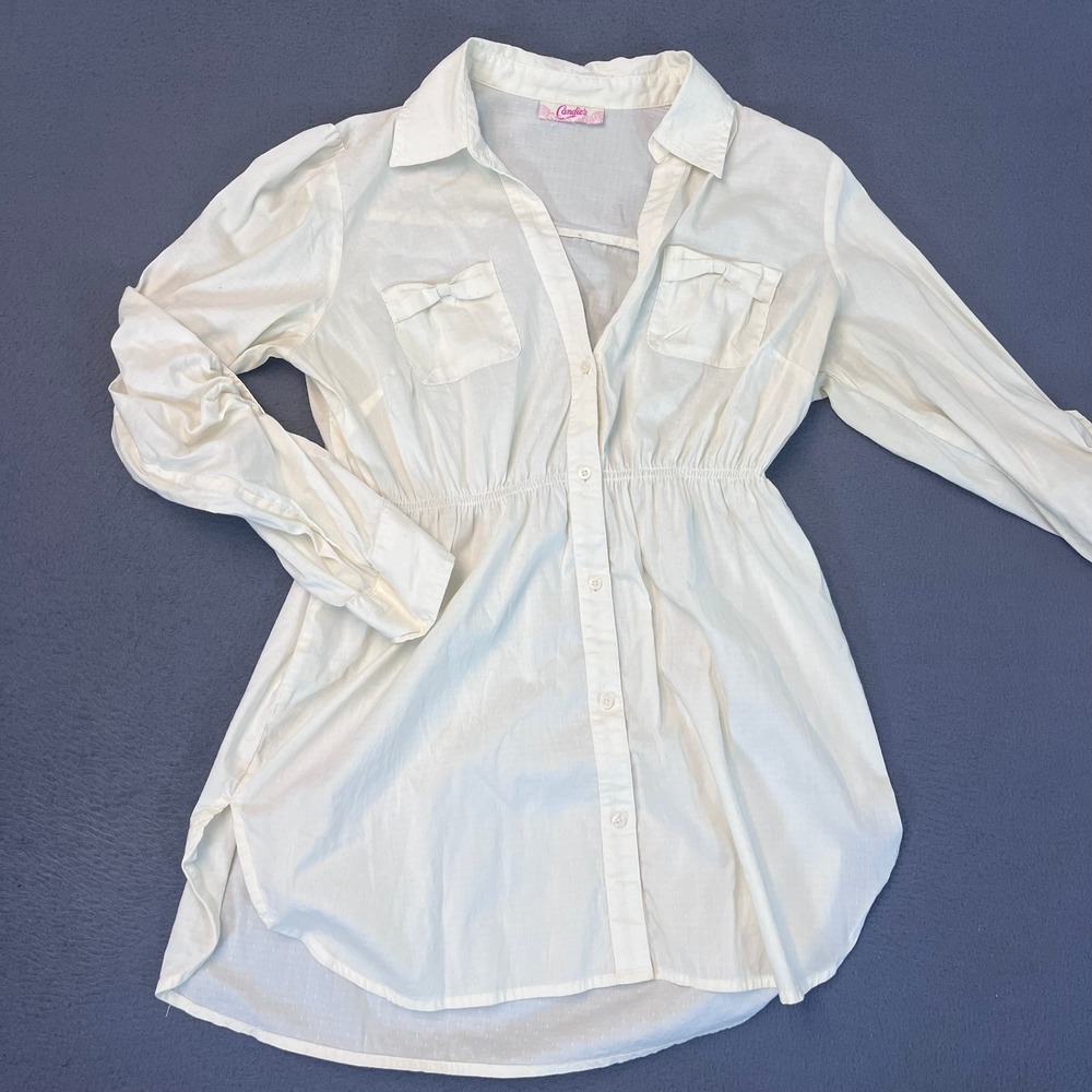Candie's White Dobby Dot Tunic Blouse Bow Pockets Cinch Waist Small Sheer Bow